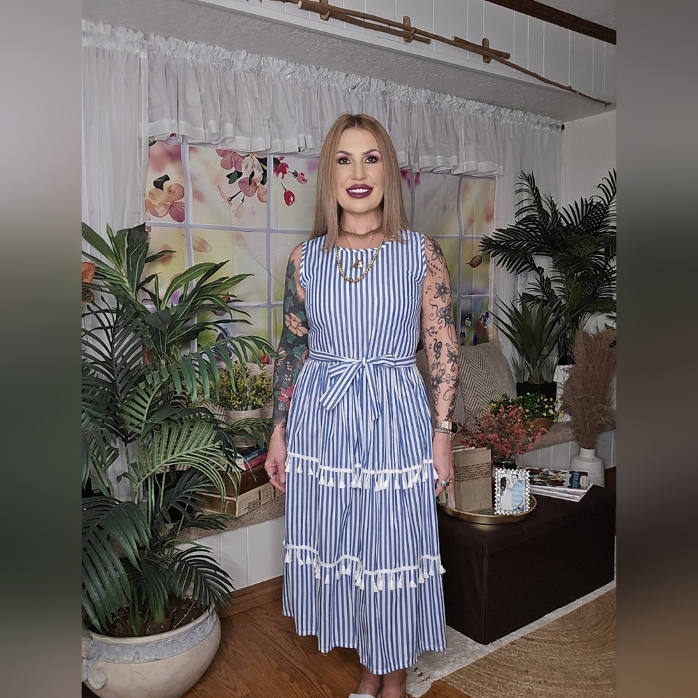 Sleeveless Blue & White Striped Midi Dress